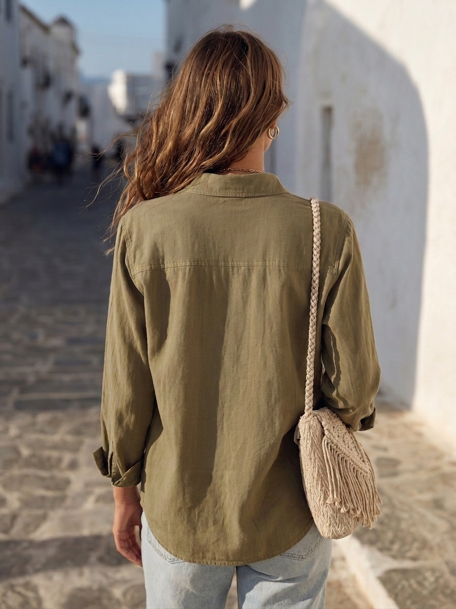 Casual Vacation Olive Green Leaf Embroidery Pocket Button Down Shirt