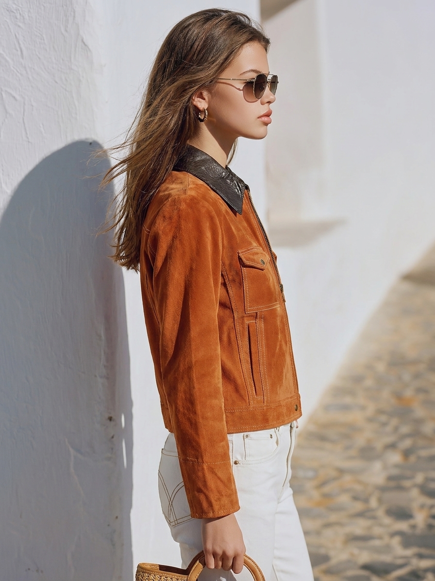 Vintage Retro Vibe Cognac Faux Suede Contrast Leather Collar Cropped Zip‑Up Jacket