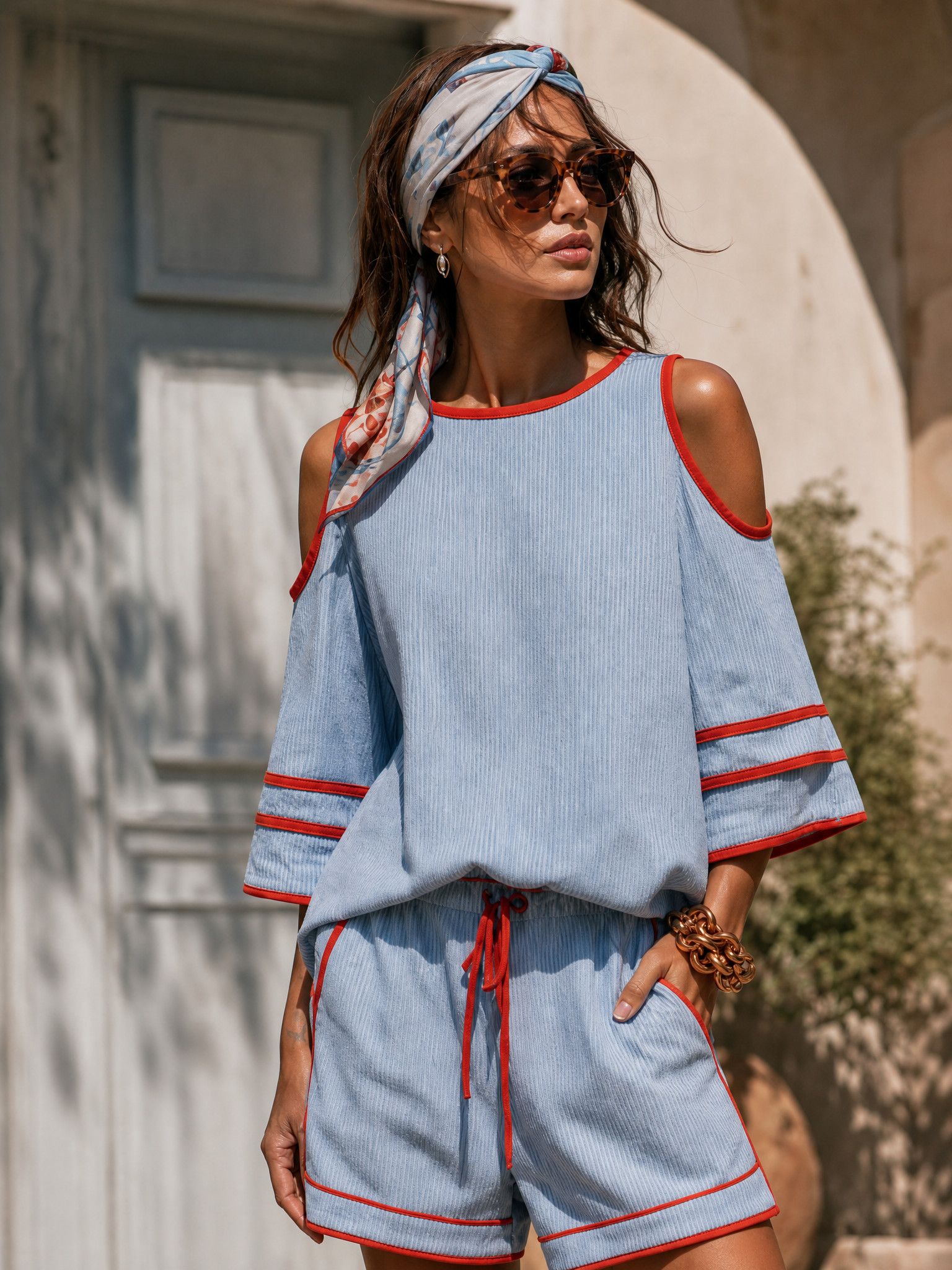 Vacation Short-sleeve Red-trimmed Blue Striped Cotton-linen Top And Shorts Set