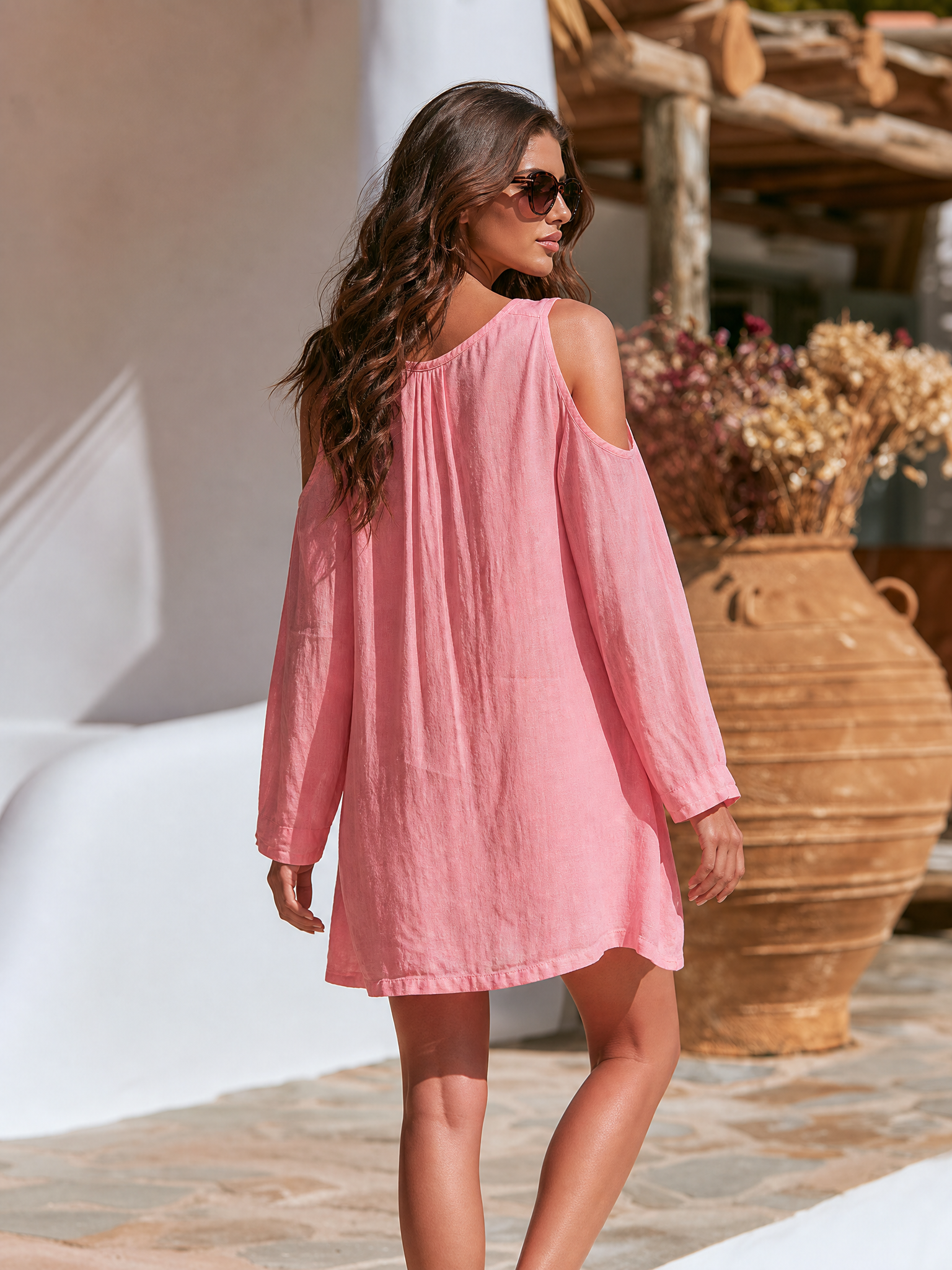 Bohemian V-Neck Embroidery Cut-Out Shoulders Pink Mini Dress