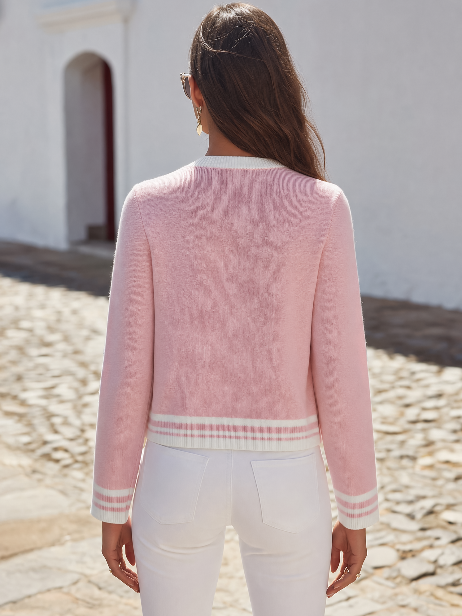 Old Money Chanel Vibe Pale Pink White Contrast Trim Pocket Knit Cardigan
