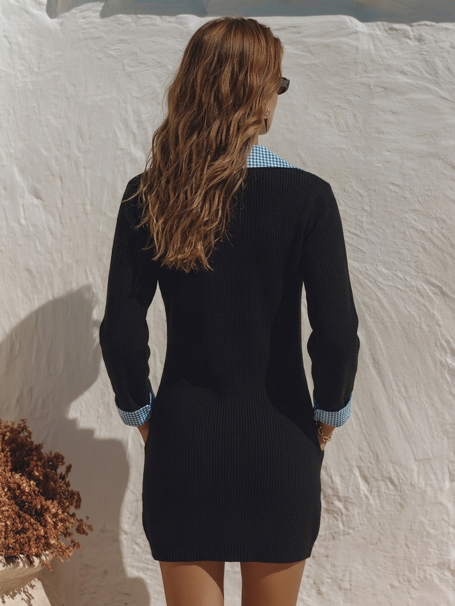 Nautical Preppy Vibe Black Knit Blue Gingham Contrast Collar Cuffs Mini Dress