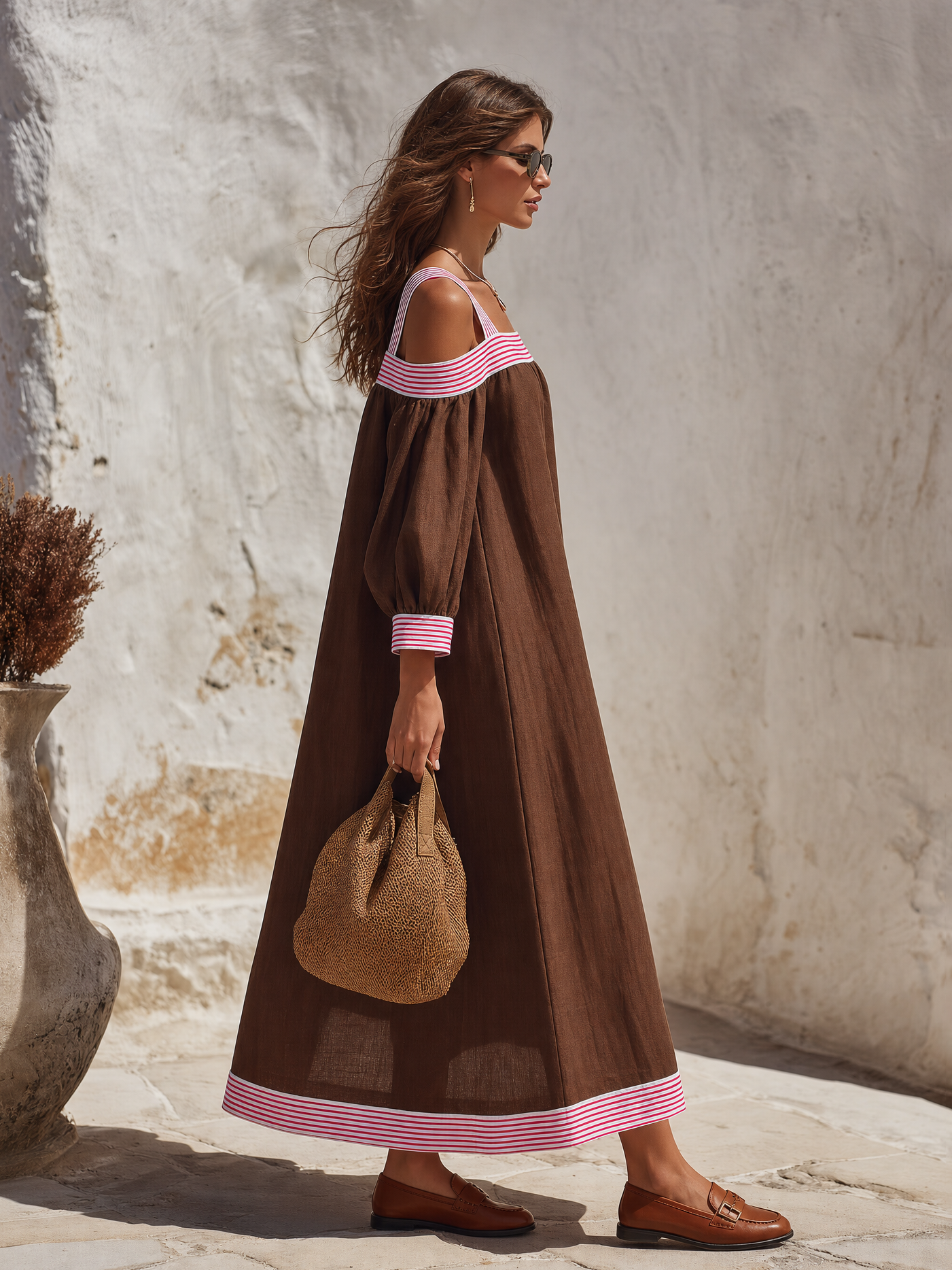 Resort-style Relaxed Striped Color-blocked Cutout Cotton-linen Dress