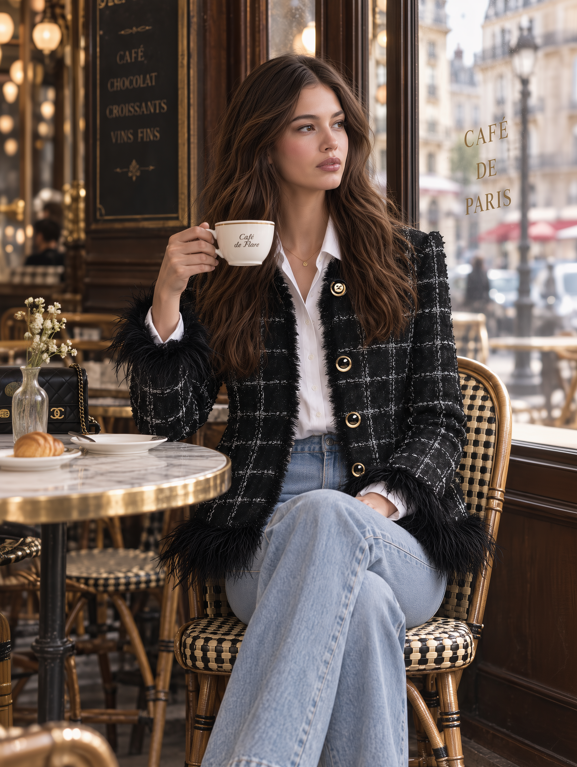 Classic And Elegant Round Neck Faux Fur Trim Black Plaid Tweed Jacket