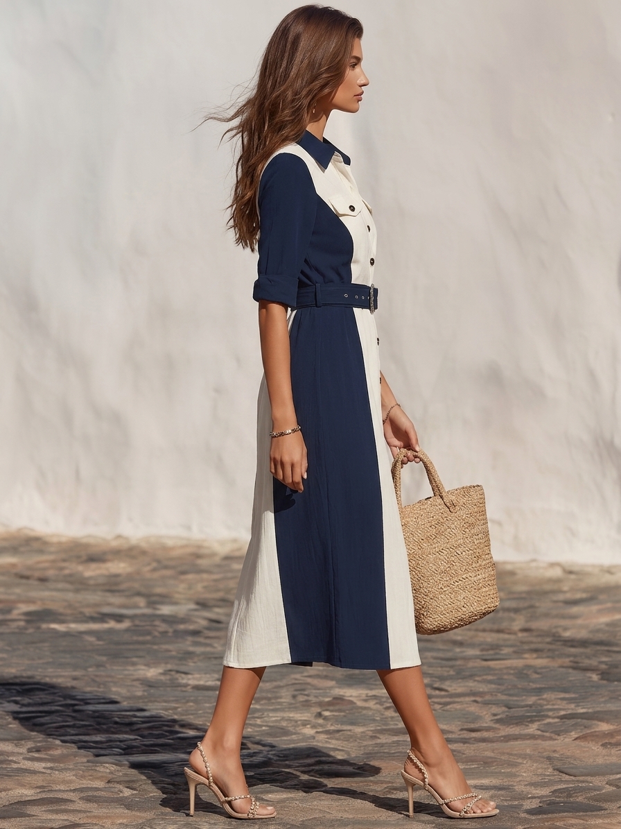 Chic Coastal Resort Textured Woven Navy White Color Block Lapel Roll Sleeve Belted Shirt Midi Dress