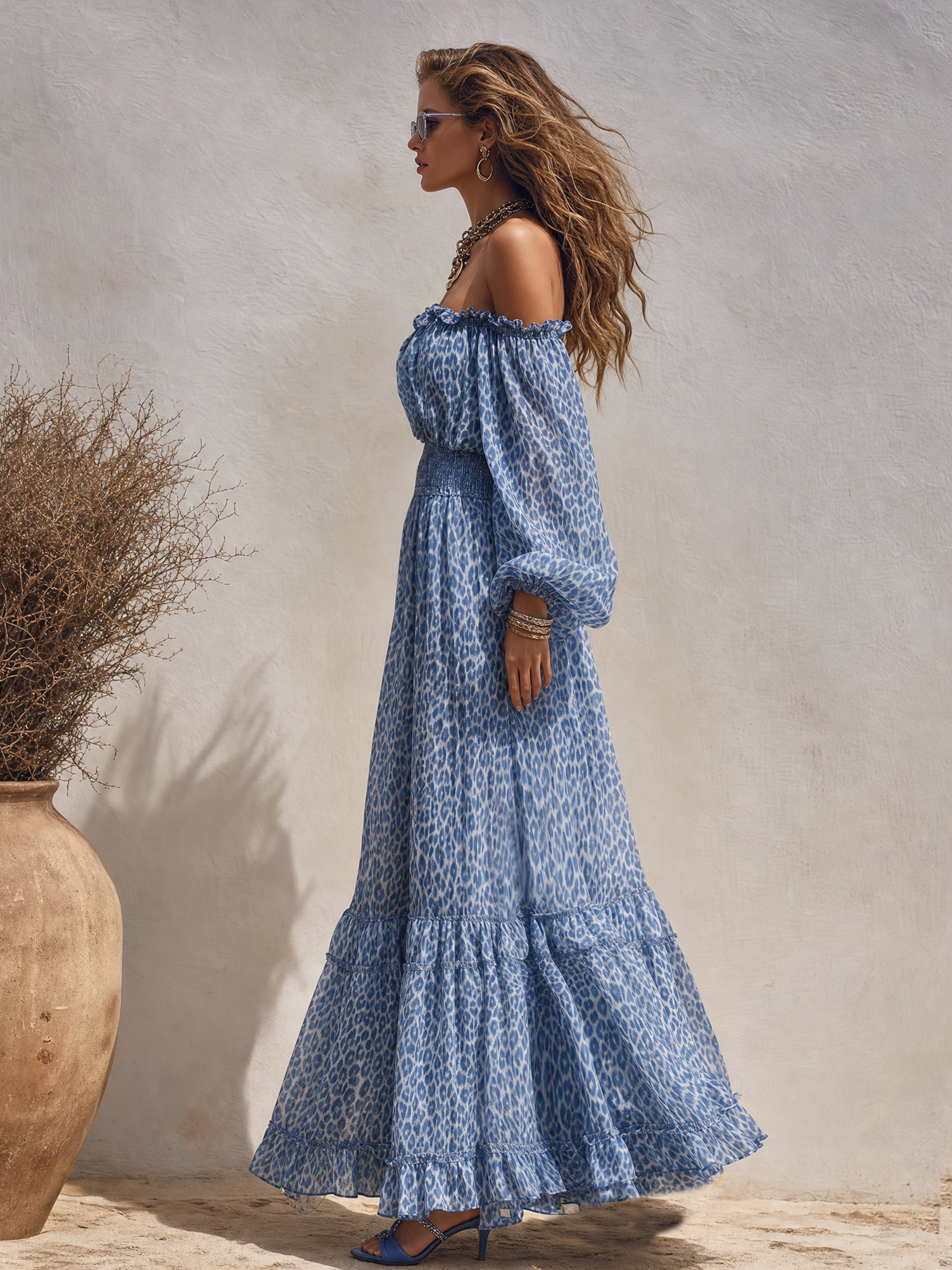 Vacation Elegant Off-the-shoulder Leopard Print Chiffon Maxi Dress