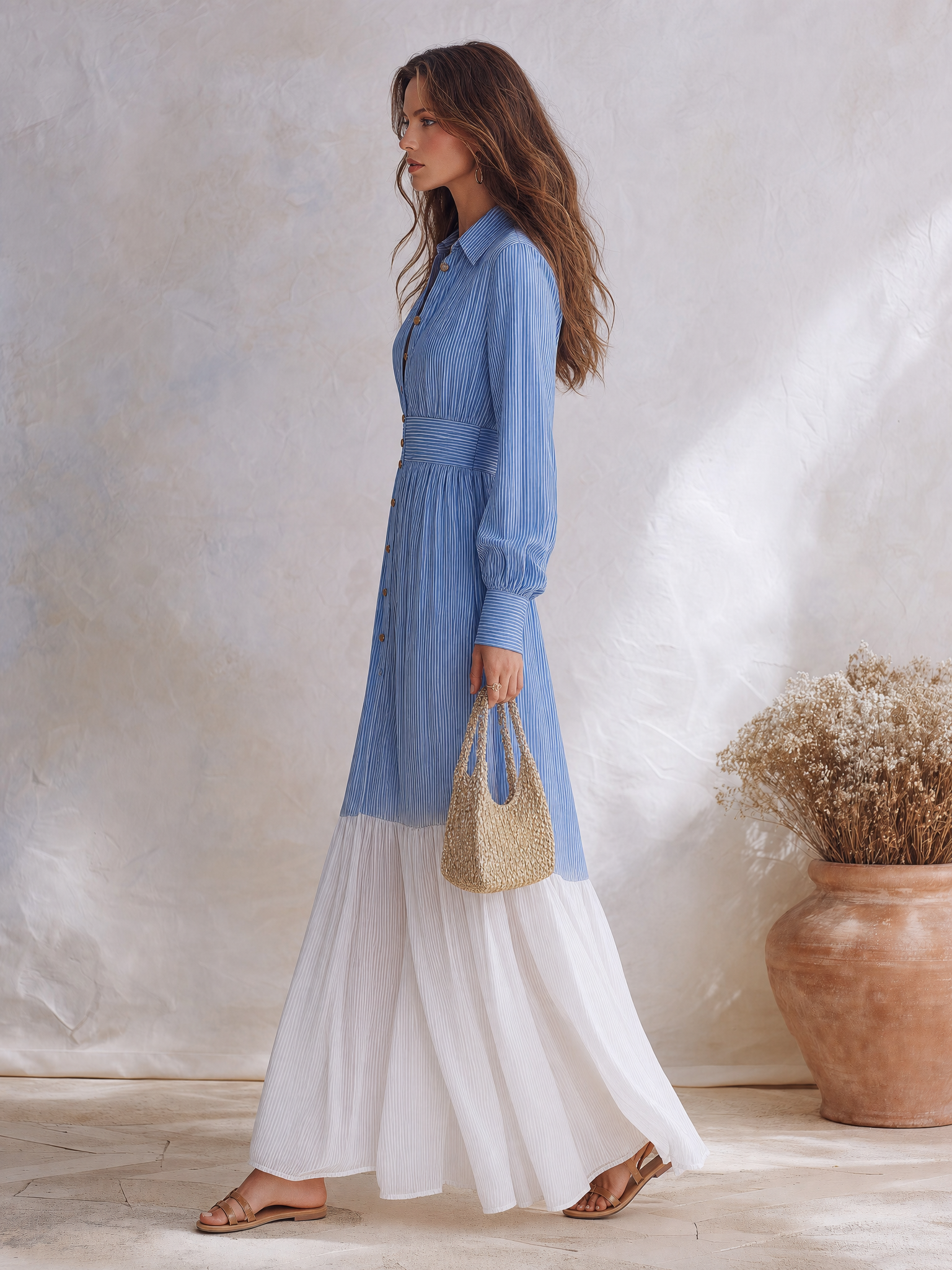 Resort-style Long-sleeved Lapel Collar Striped Chiffon Dress
