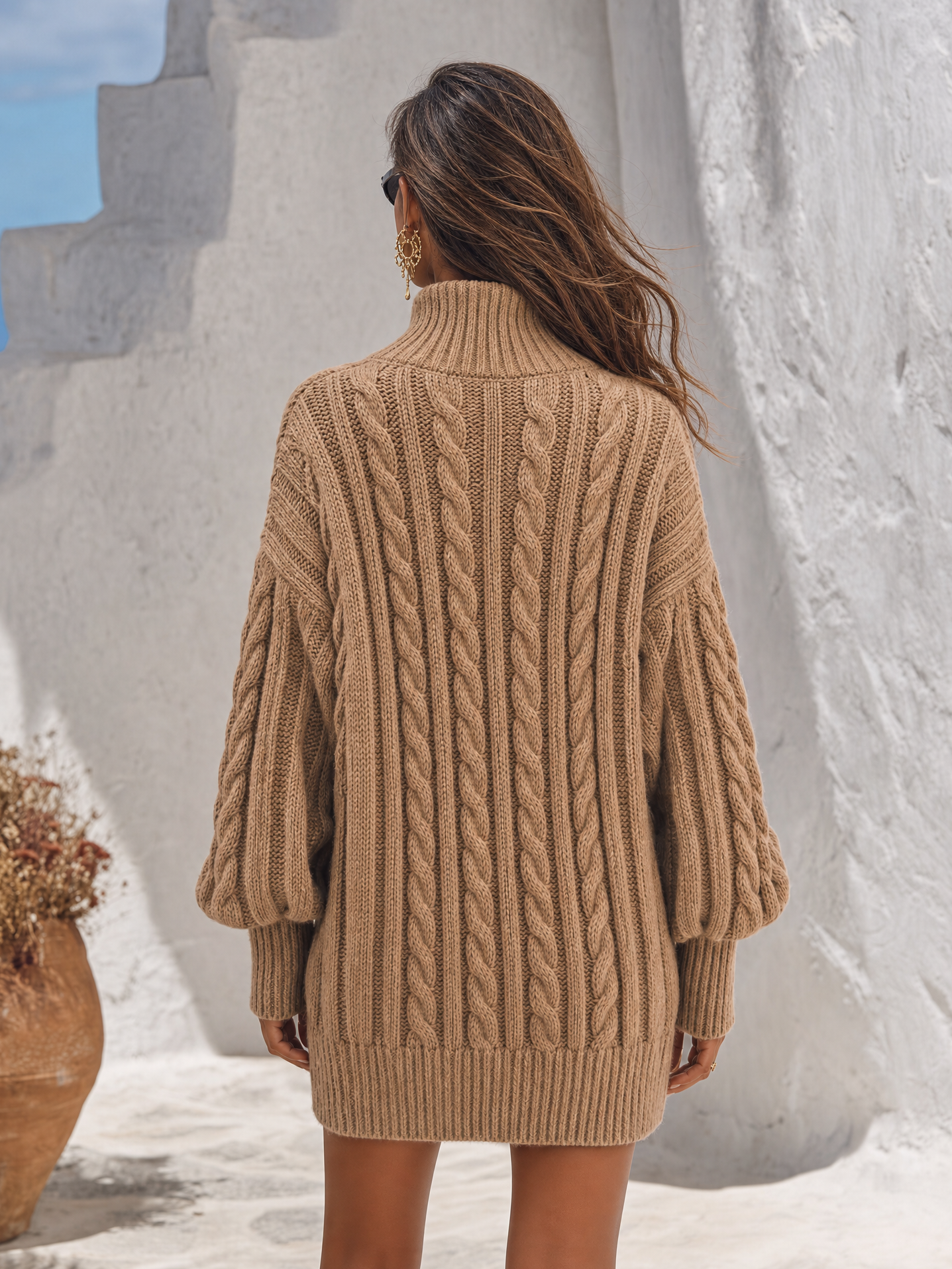 Retro Classic Half-zip Stand Collar Cable Knit Mini Dress