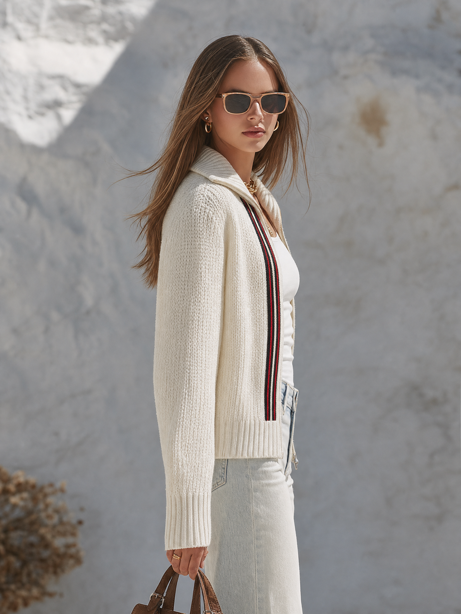 Resort-style Collared Long-sleeved Striped Placket Jacket
