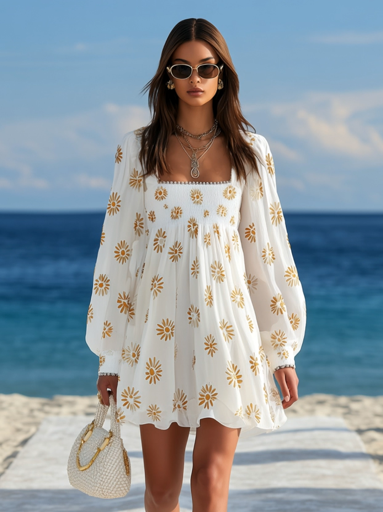 Resort-style Square Neck Lantern Sleeve Printed Mini Dress