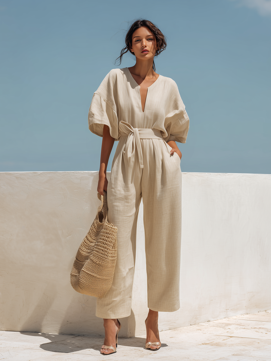 Loose-fitting Beige Cotton-linen Short-sleeved Wide-leg Jumpsuit