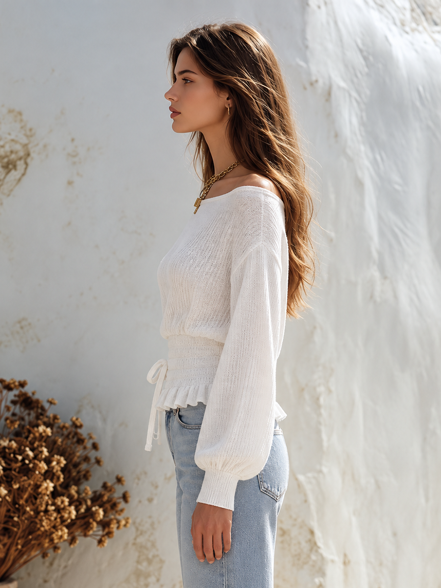 Resort-style Boat-neck Long-sleeve Fitted-waist Top