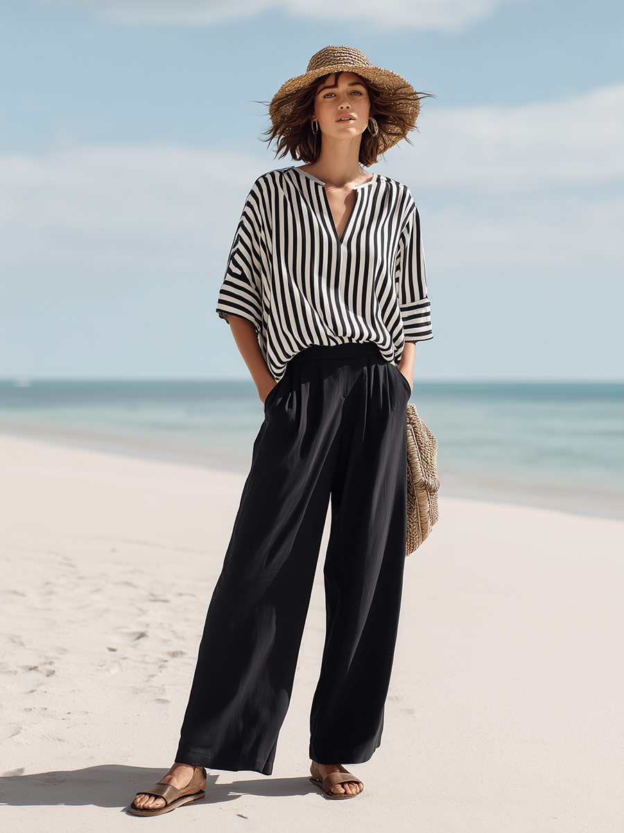 Resort-style Black And White Striped V-neck Top And Trousers Set