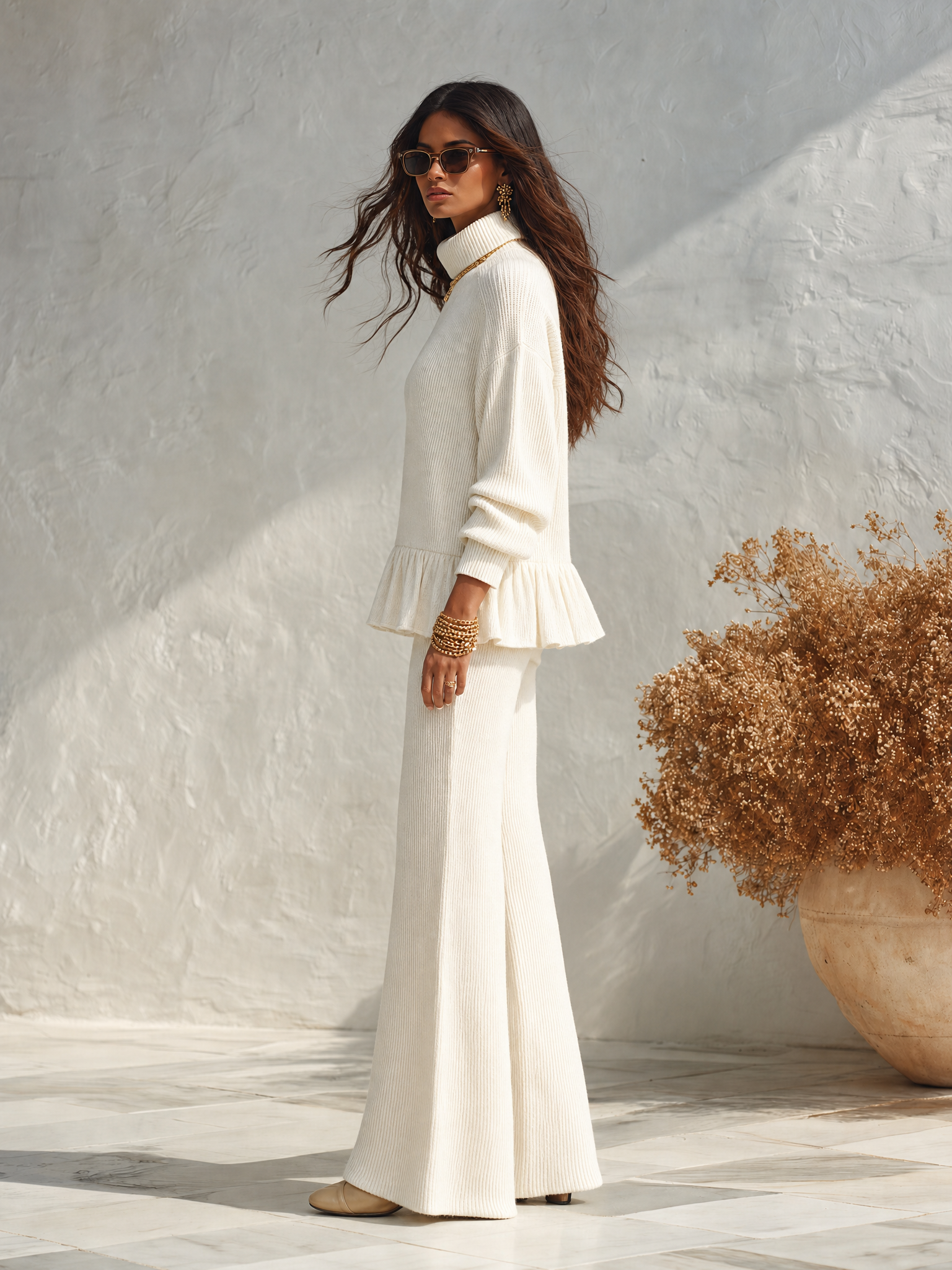 Resort-style Long-sleeve Mock-neck Ruffled Top And Flared Pants Set