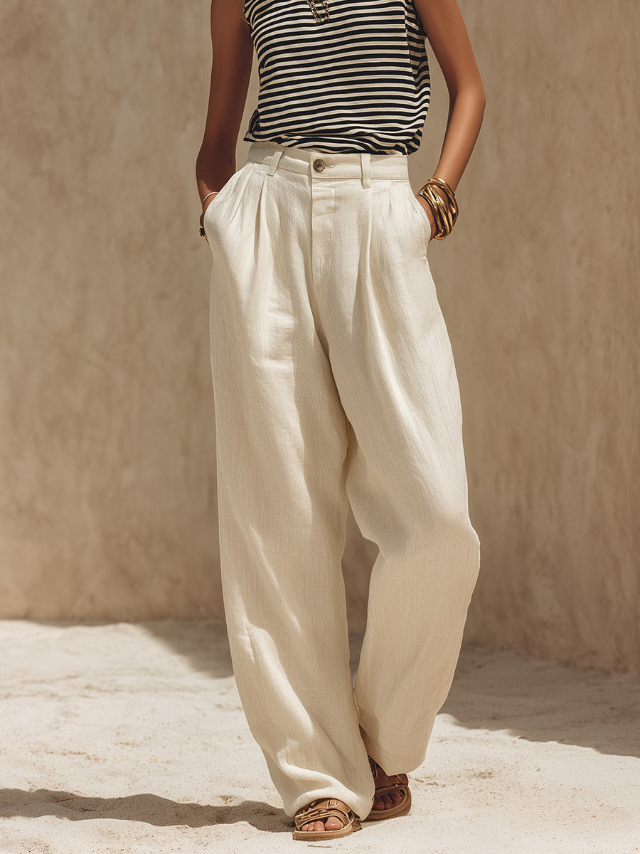 Minimalist Coastal Black And White Sleeveless Top And Off-White Wide-Leg Pants Set