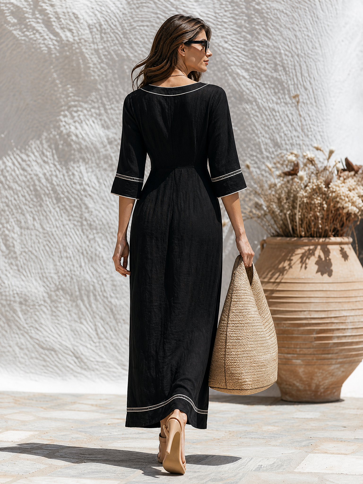 Old Money White Contrast Trim Short-Sleeve Black Maxi Dress