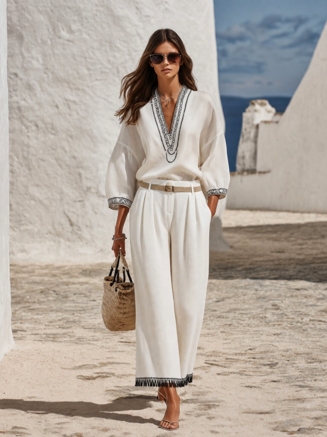 Resort-style V-neck Embroidered Lantern-sleeve Top And Tassel Pants Set