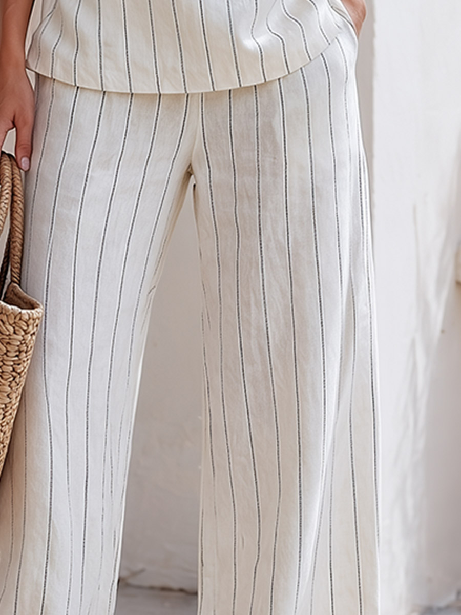 Classic Striped White Cotton Sleeveless Top And Wide-leg Pants Set