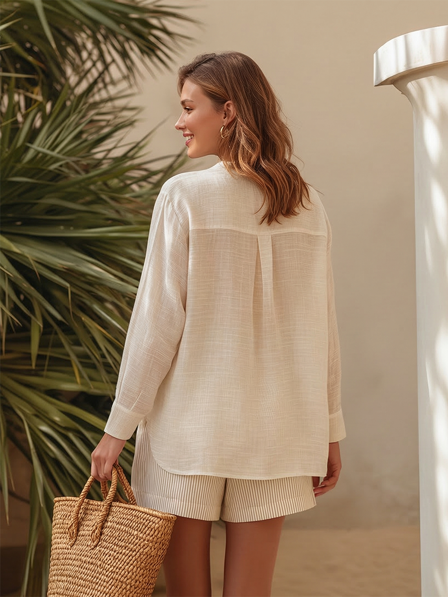 Minimalist Sheer Long-Sleeve Cotton-Linen Shirt And Striped Shorts Set