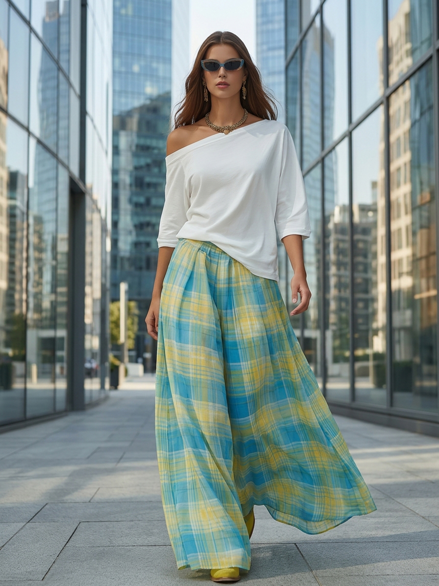 Vacation Casual One-shoulder Pure Cotton T-shirt And Plaid Chiffon Printed Wide-leg Skirt Pants