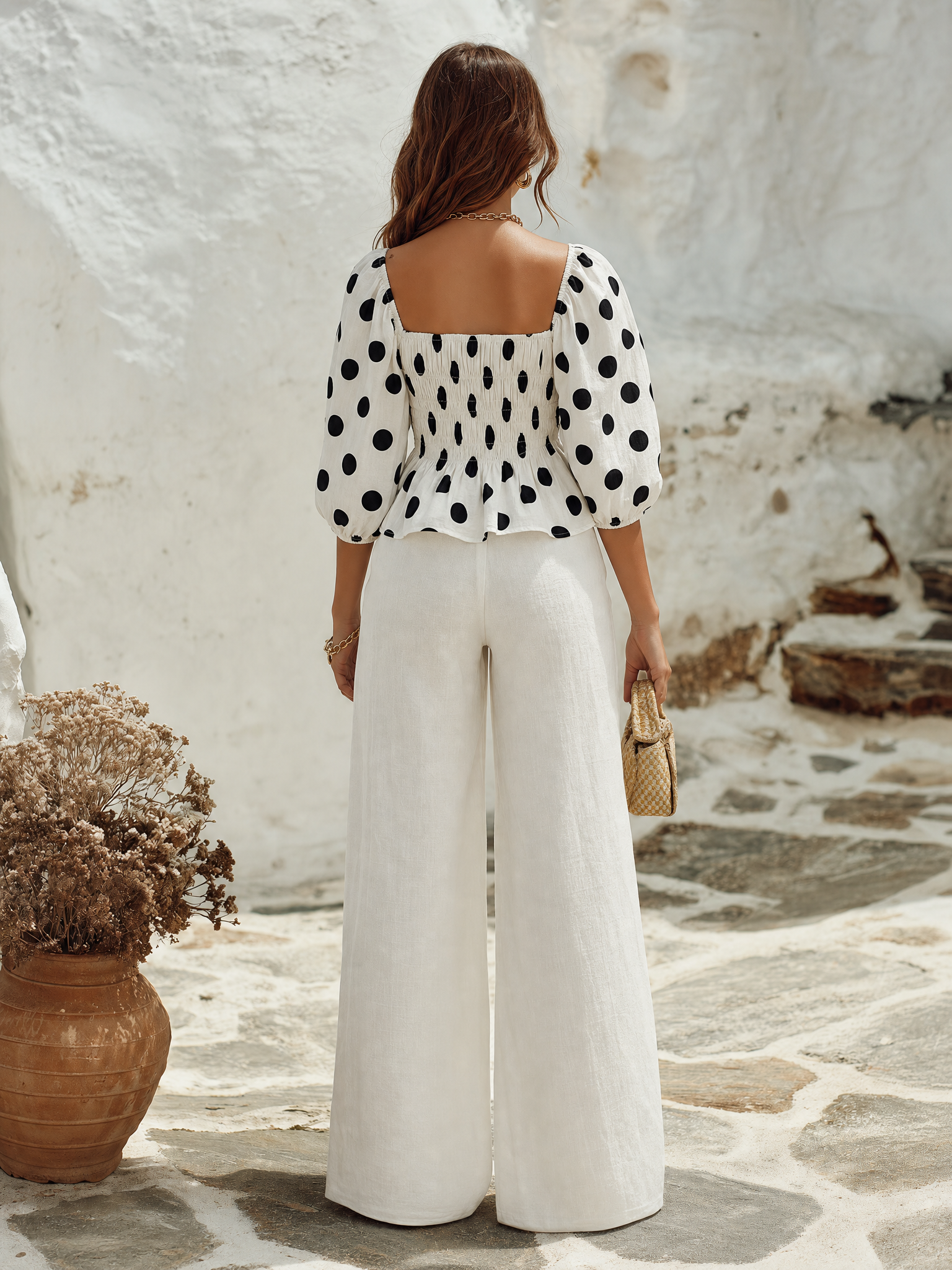 Resort-style Square Neck Puff Polka Dot Mid-length Sleeve And Trouser Set