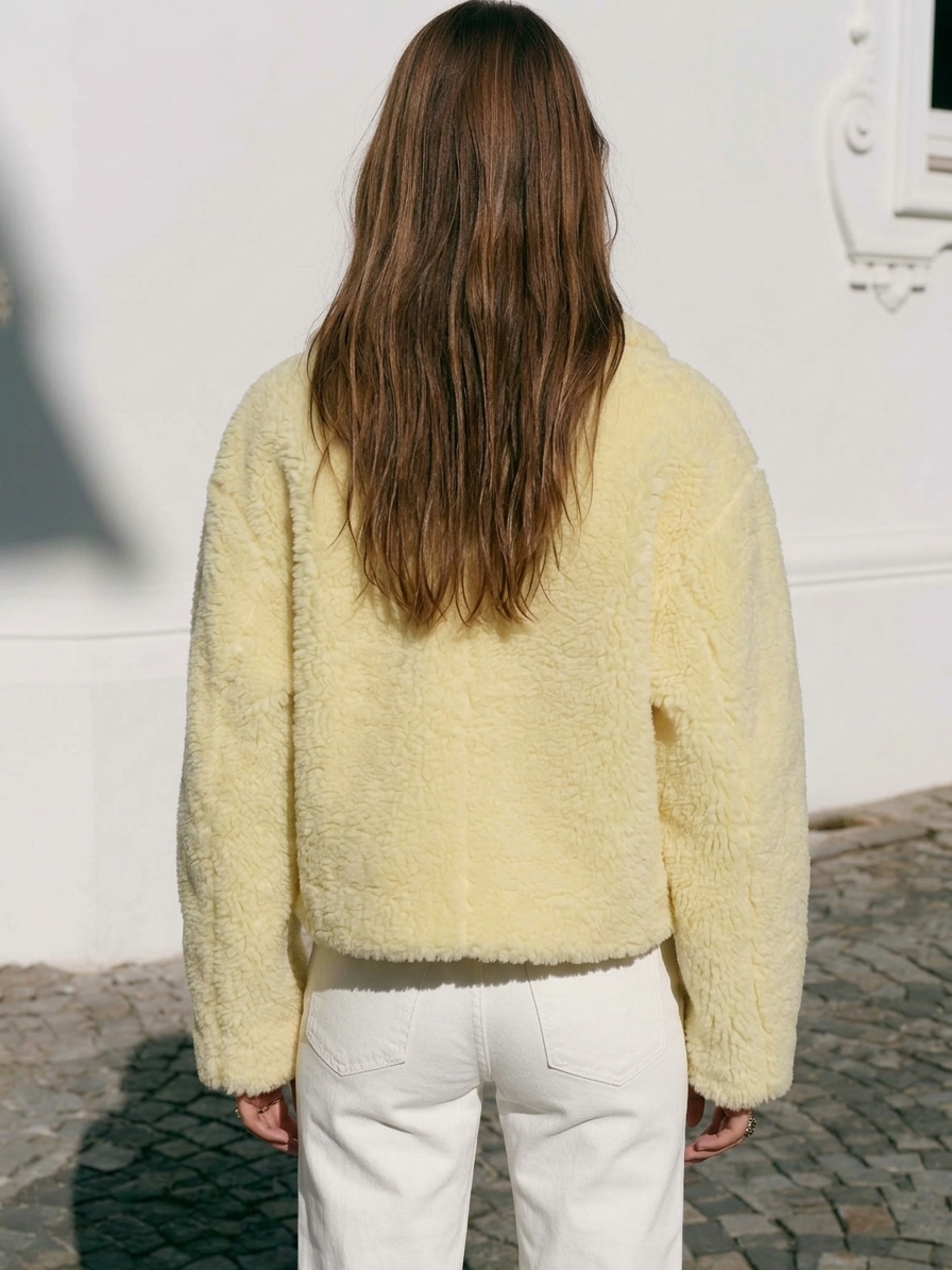Old Money Casual Pale Yellow Lapel Single‑Breasted Cropped Fleece Teddy Jacket