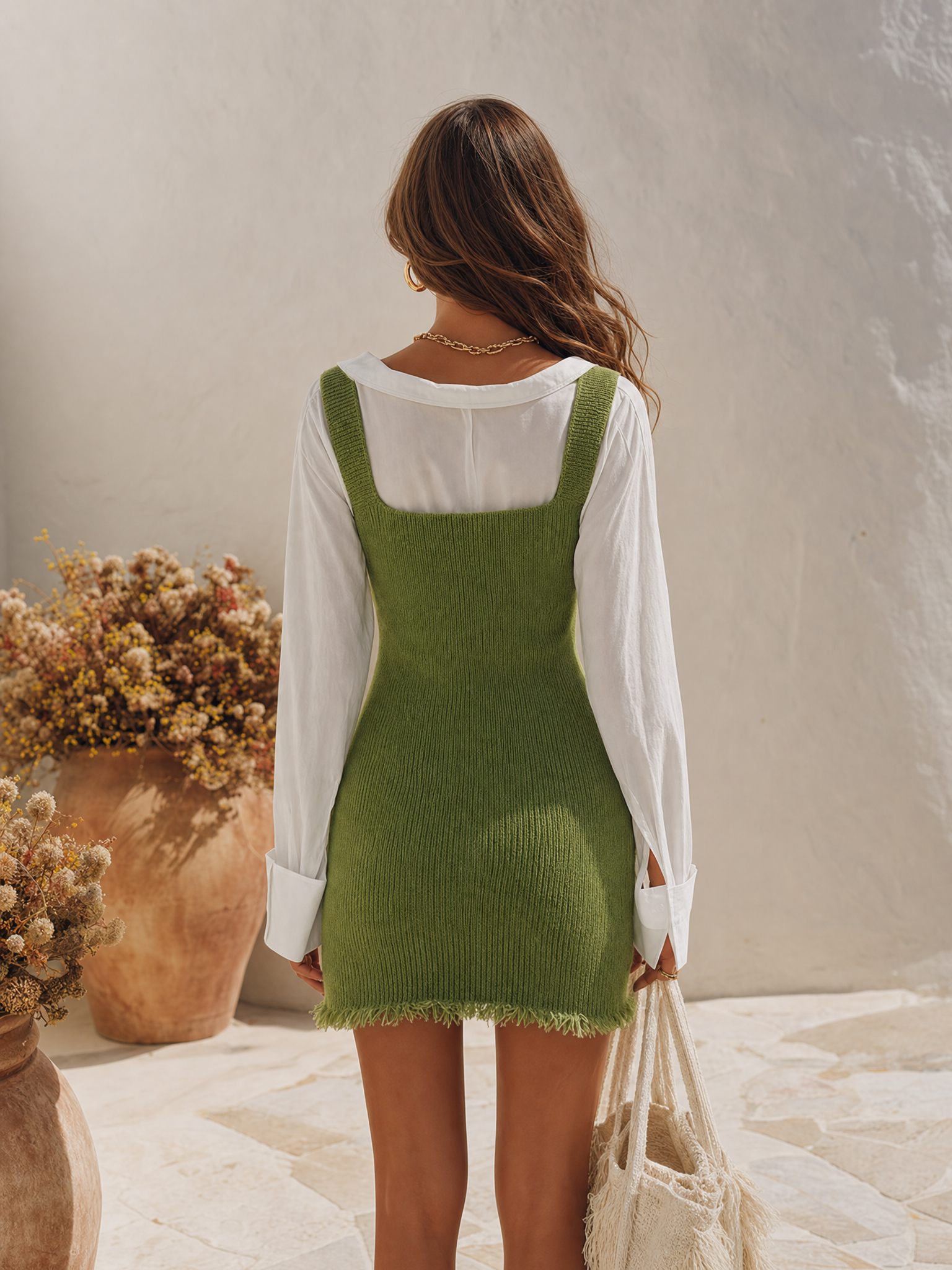 Resort-style Collared Long-sleeve Faux-layered Knit Mini Dress