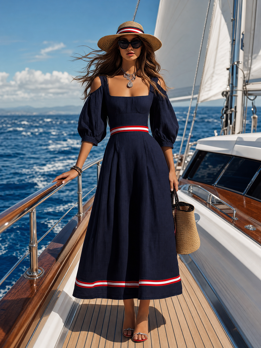 Elegant Sexy Color-blocked Trim Square Neck Cotton-linen Maxi Dress