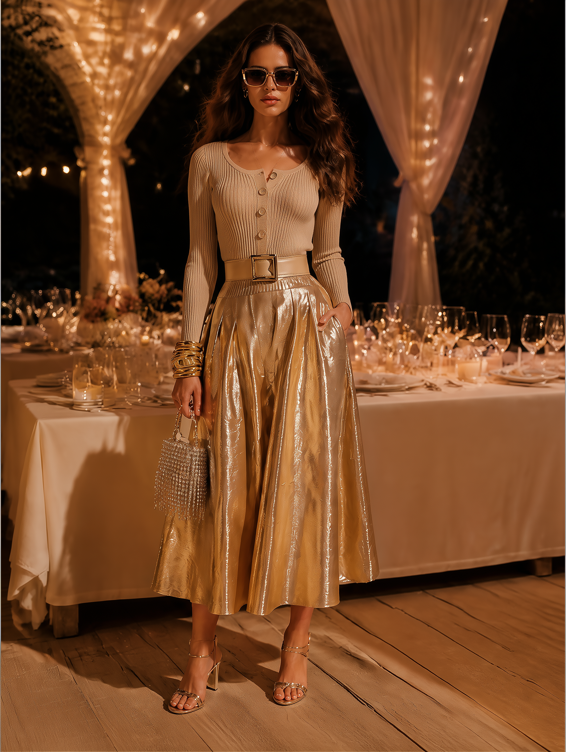 Elegant Dinner Party Metallic Gold Pleated A-Line Midi Dress