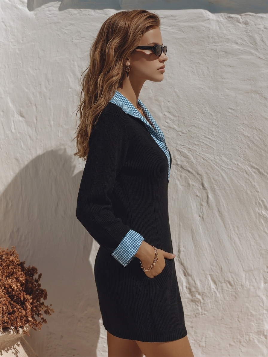 Nautical Preppy Vibe Black Knit Blue Gingham Contrast Collar Cuffs Mini Dress