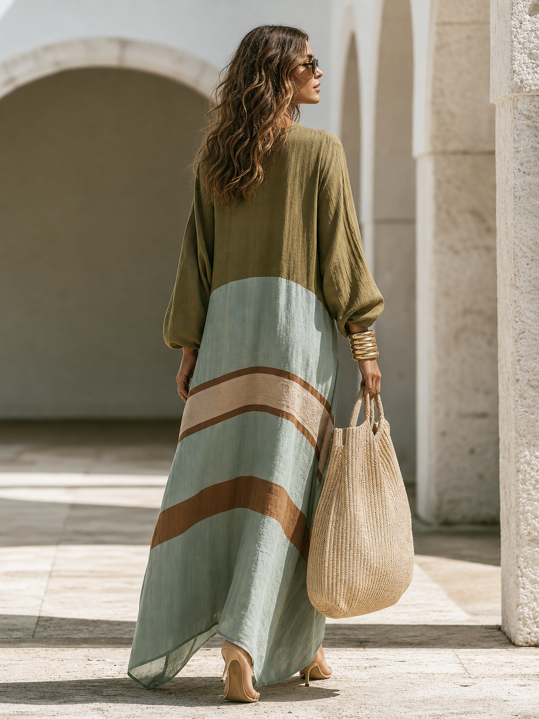 Loose-fitting Bohemian Long-sleeve Color-block Cotton-linen Maxi Dress