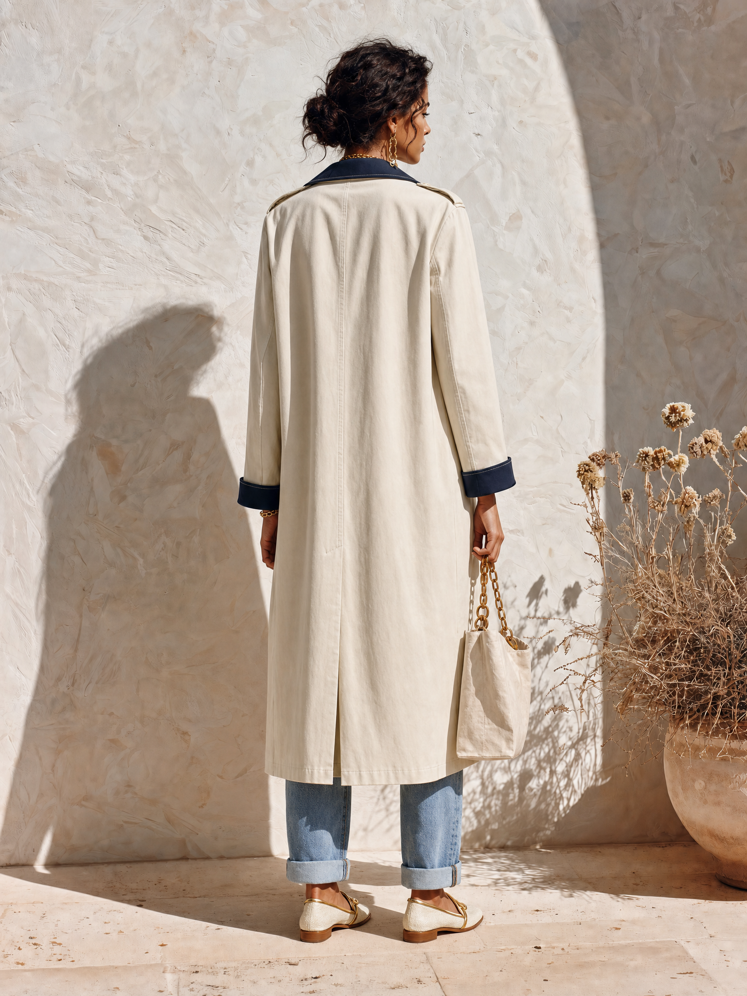 Resort-style Lapel Color-blocked Loose Trench Coat