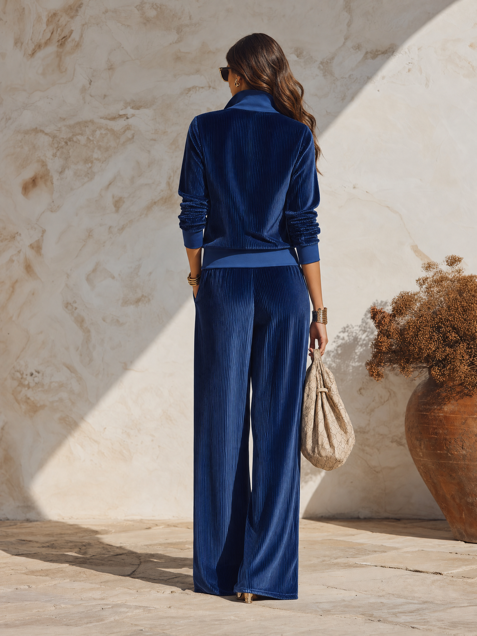 Resort-style Sophisticated Collared Long-sleeved Zip-up Top And Trousers Set