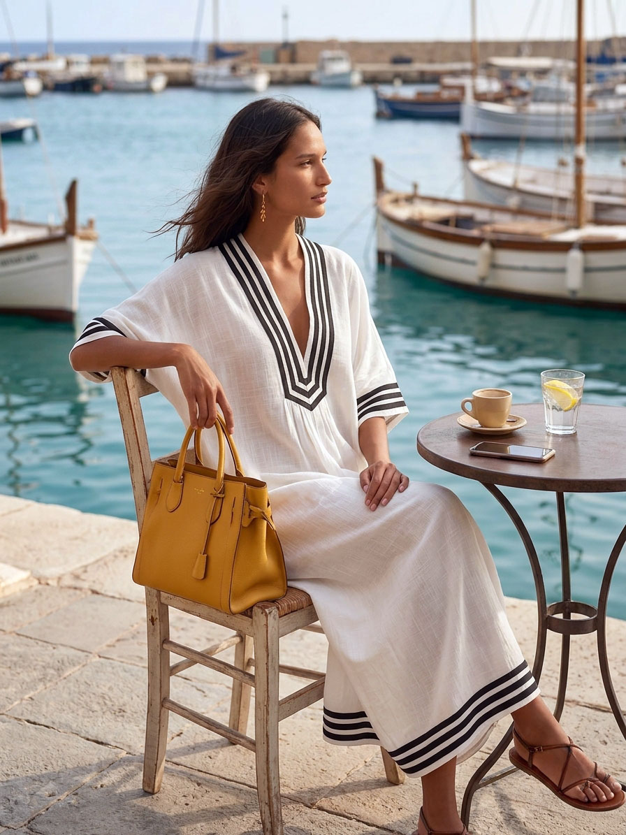 Resort-style V-neck Short-sleeved Striped Midi Dress