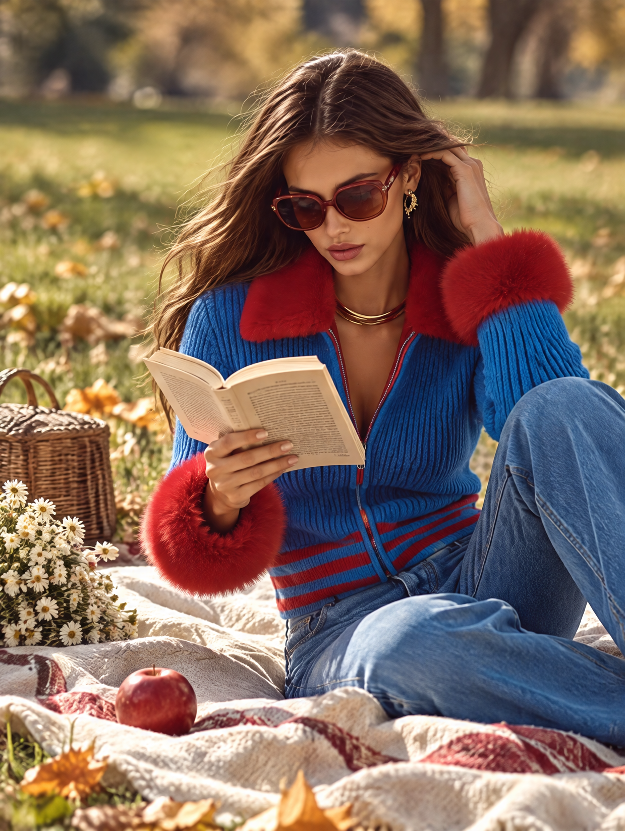 Resort-style Striped Long-sleeved Fur Collar Knitted Cardigan