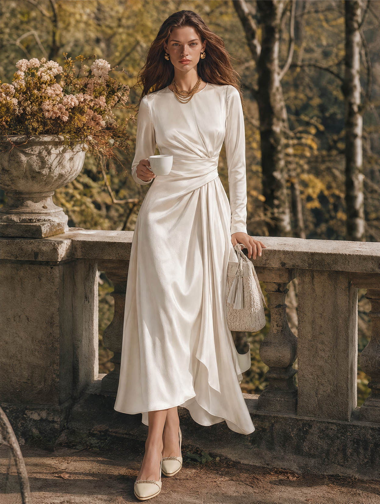 Resort-style Round Neck Long-sleeved Pleated Solid Color Midi Dress