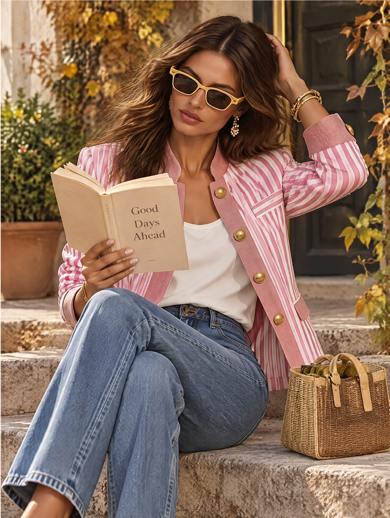 Resort-style Stand-up Collar Striped Long-sleeved Jacket