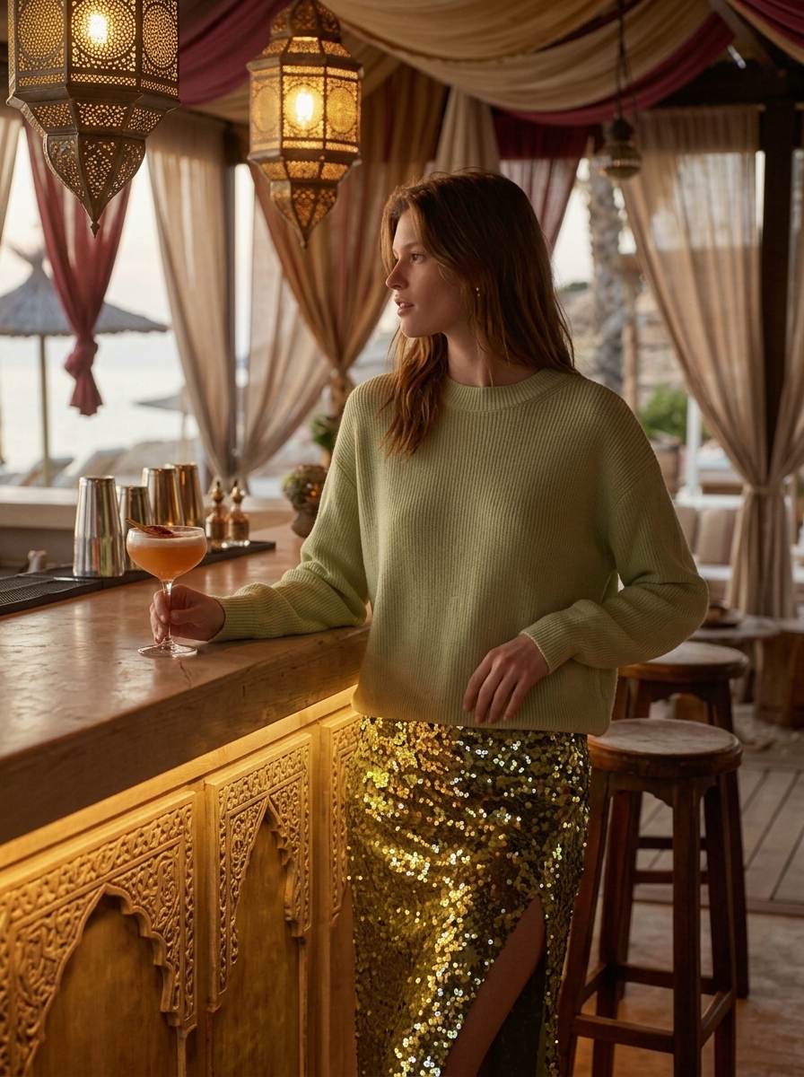 Effortless Riviera Chic Pistachio Green Ribbed Knit Sweater And Lime Sequin Slit Midi Skirt Two Set
