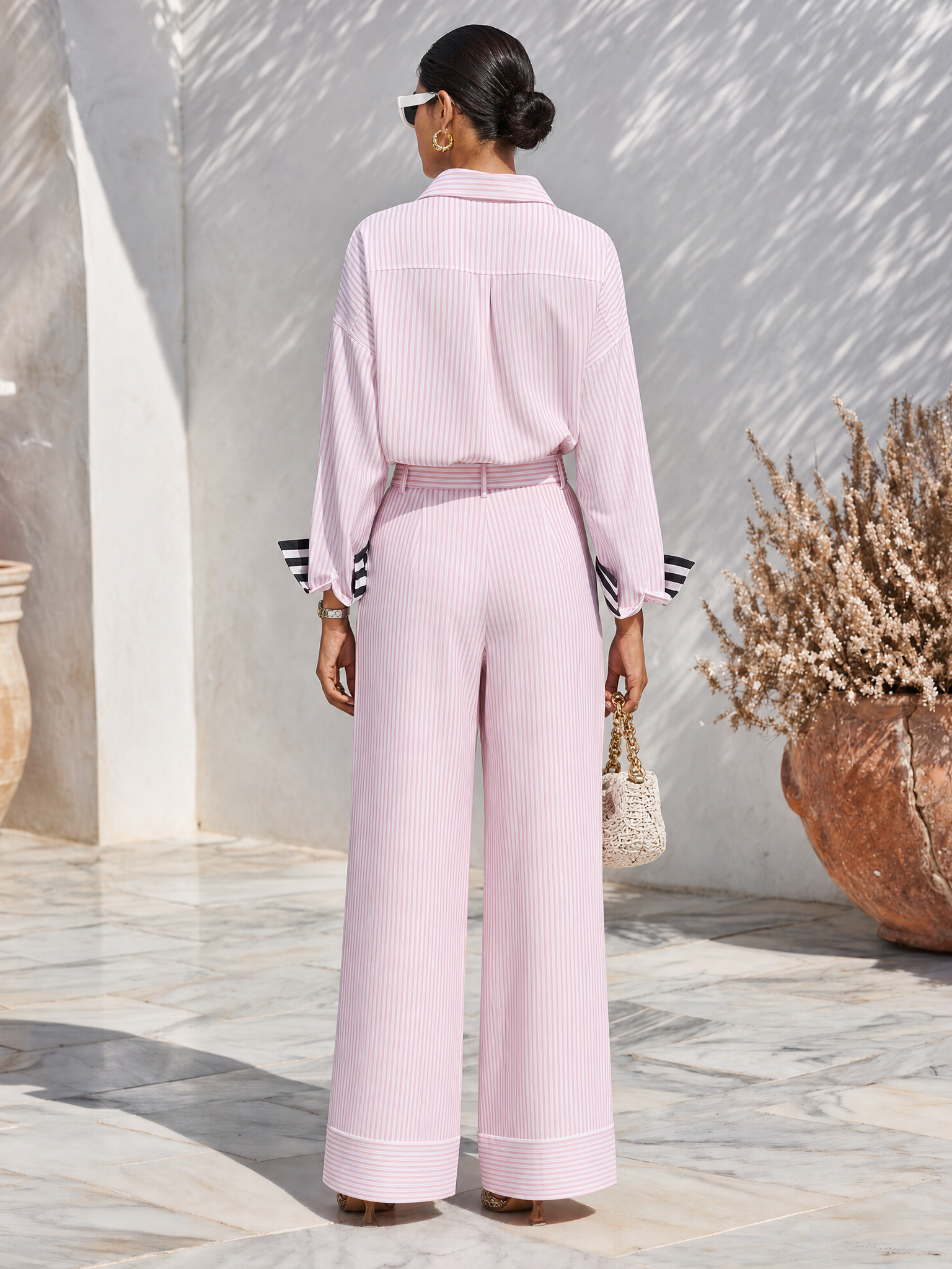 Resort-style Collared Long-sleeved Color-blocked Striped Cuff Top And Trousers Set
