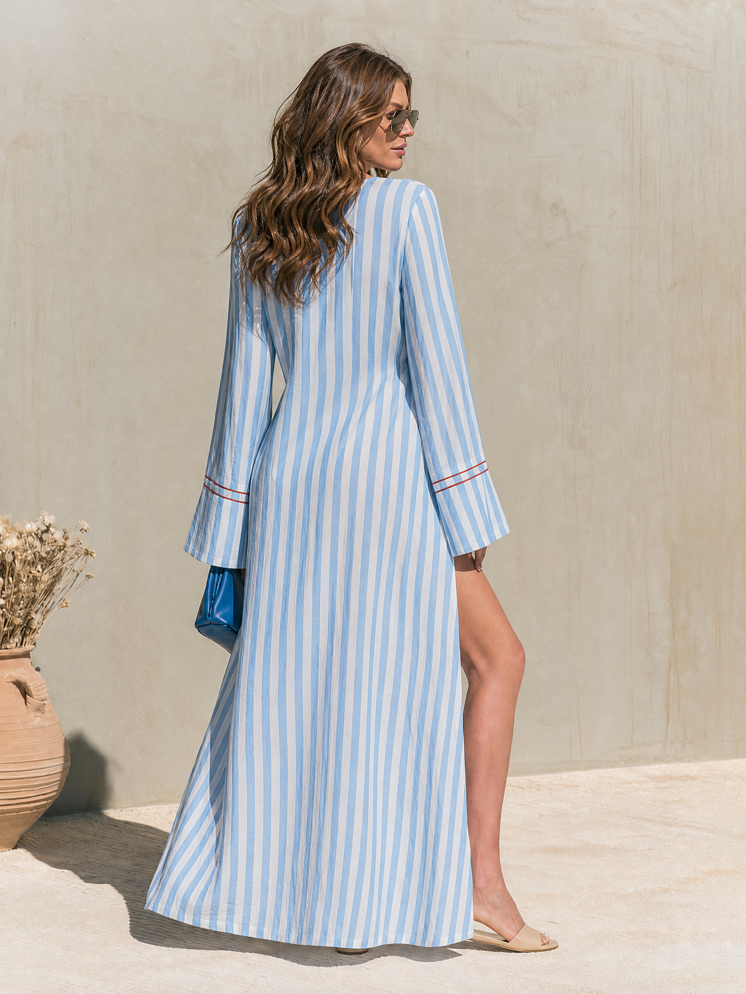 Old Money Blue And White Striped V-Neck Side Slit Maxi Dress