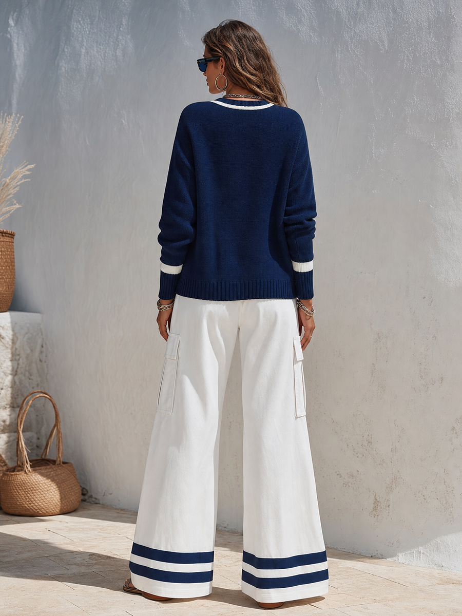 Vacation Retro Multi-Pocket Color-Blocked Striped Wide-Leg Pants