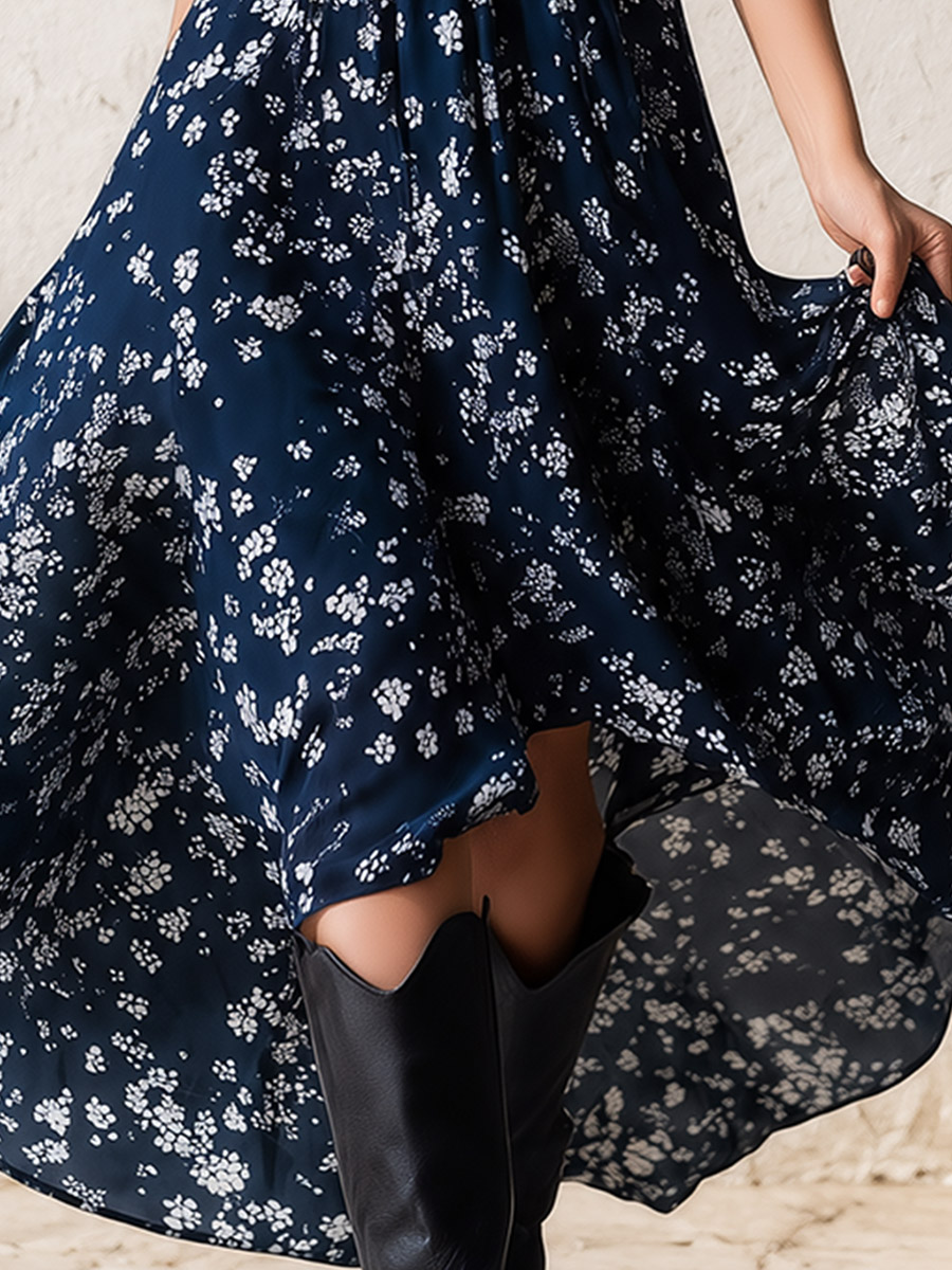 Retro Classic Floral Print Navy Blue Chiffon Sleeveless Maxi Dress