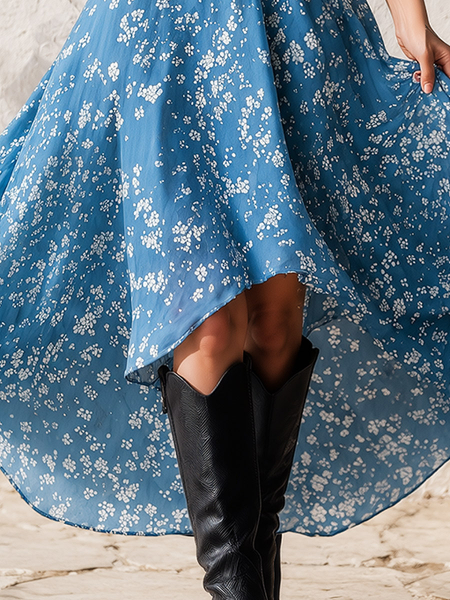 Retro Classic Floral Print Navy Blue Chiffon Sleeveless Maxi Dress