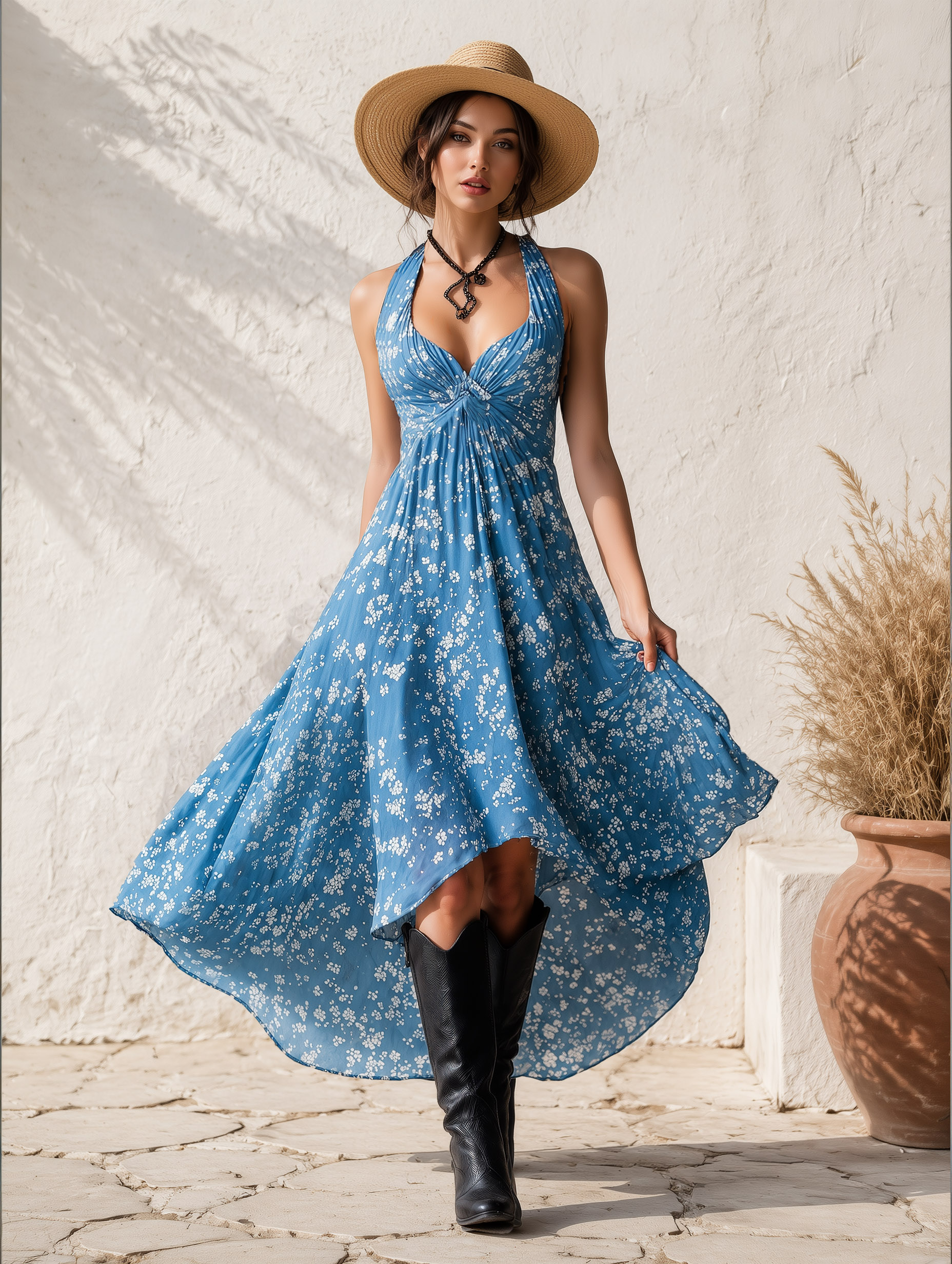 Retro Classic Floral Print Navy Blue Chiffon Sleeveless Maxi Dress