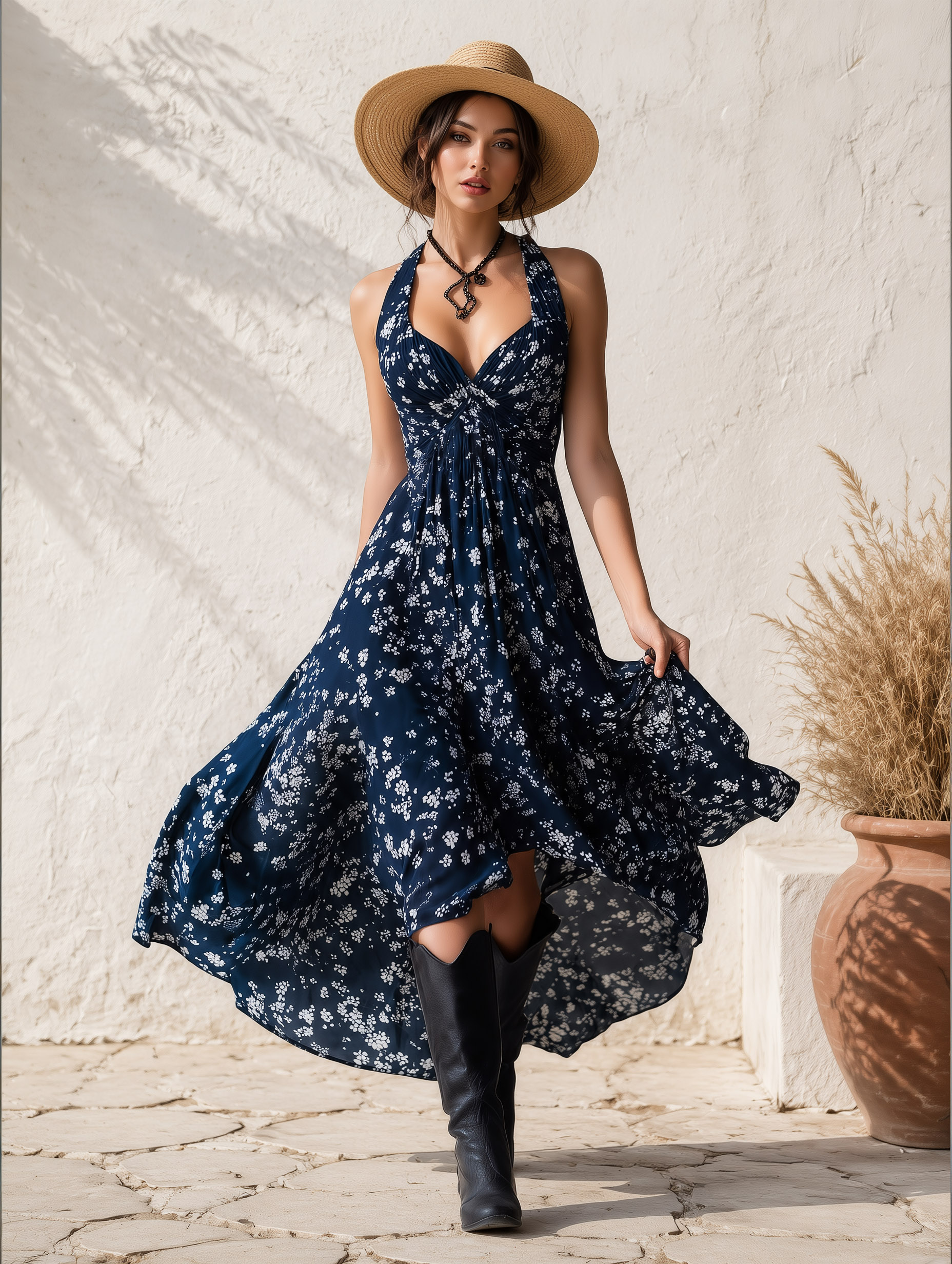Retro Classic Floral Print Navy Blue Chiffon Sleeveless Maxi Dress