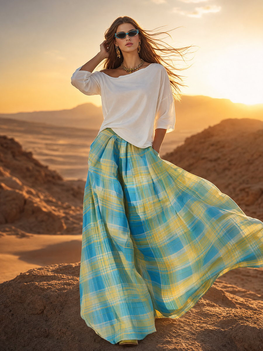 Vacation Casual One-shoulder Pure Cotton T-shirt And Plaid Chiffon Printed Wide-leg Skirt Pants