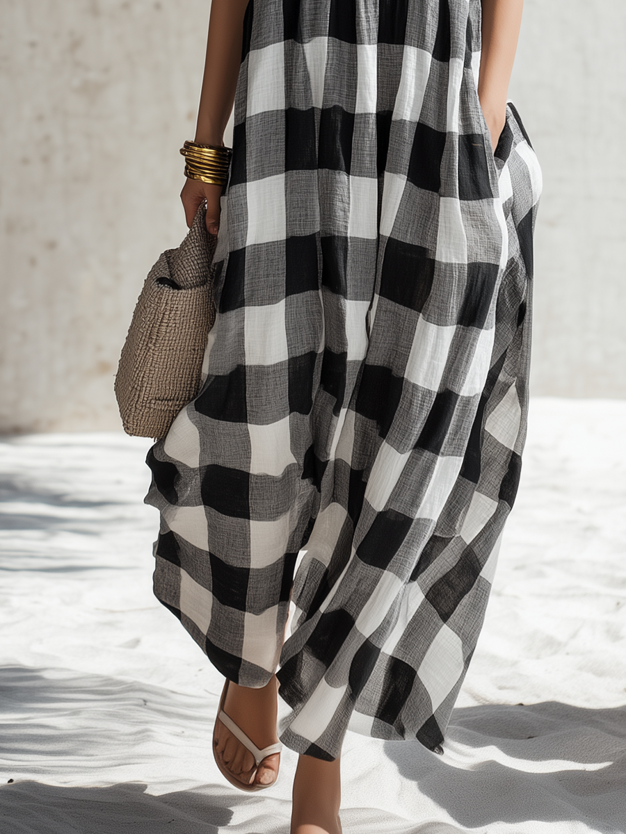 Simple Casual Short-Sleeve Black & White Plaid Cotton-Linen Maxi Dress
