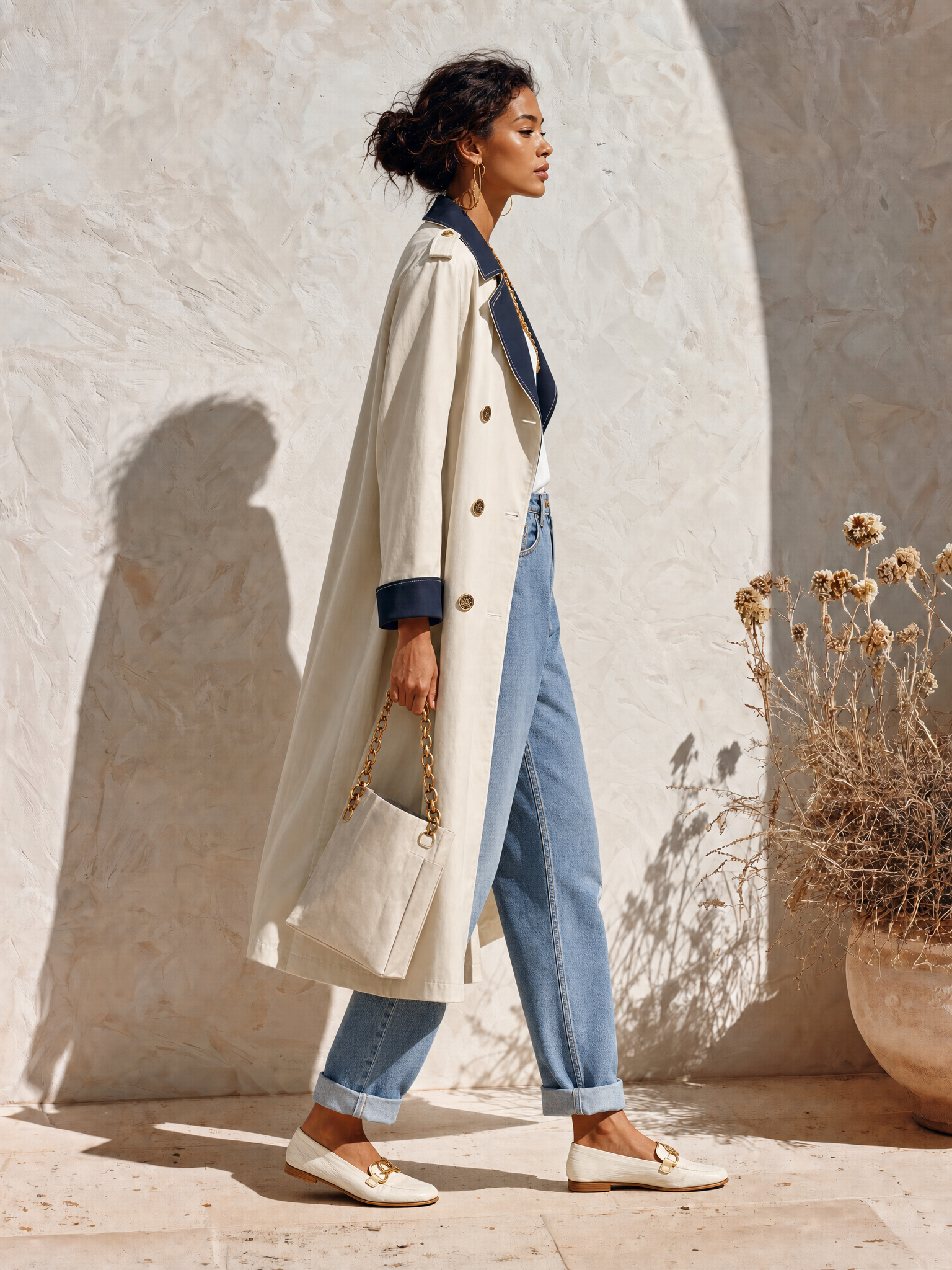 Resort-style Lapel Color-blocked Loose Trench Coat