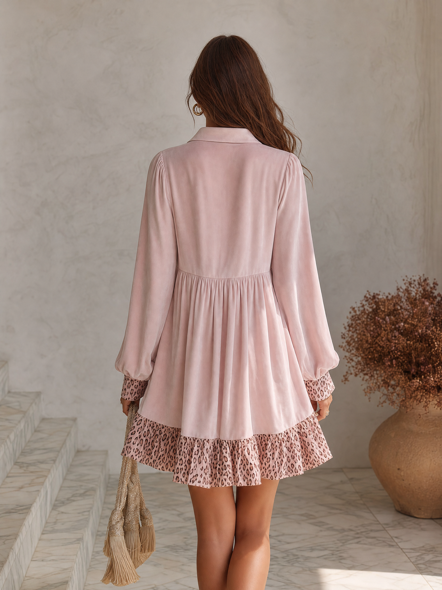 Resort-style Collar And Leopard-print Paneling Long-sleeve Velvet Mini Dress