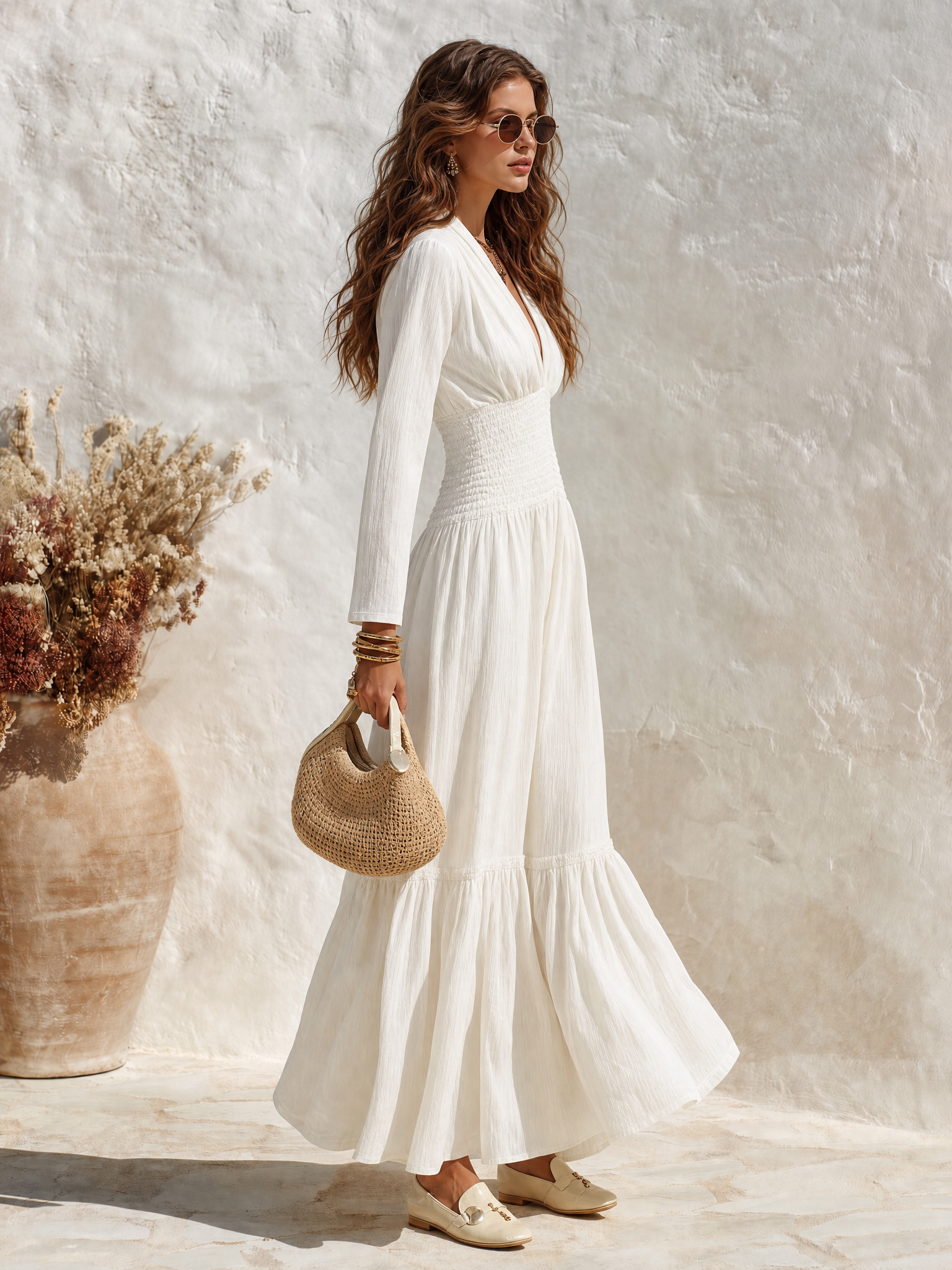Resort-style V-neck Long-sleeved A-line Solid Color Maxi Dress